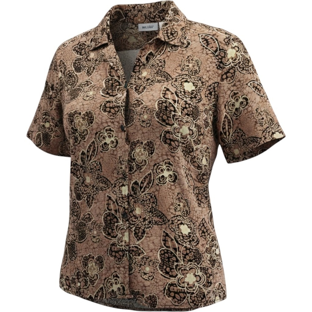 Units Button Down Shirt Floral Batik Print Short Sleeve Medium Tan Brown Vintage